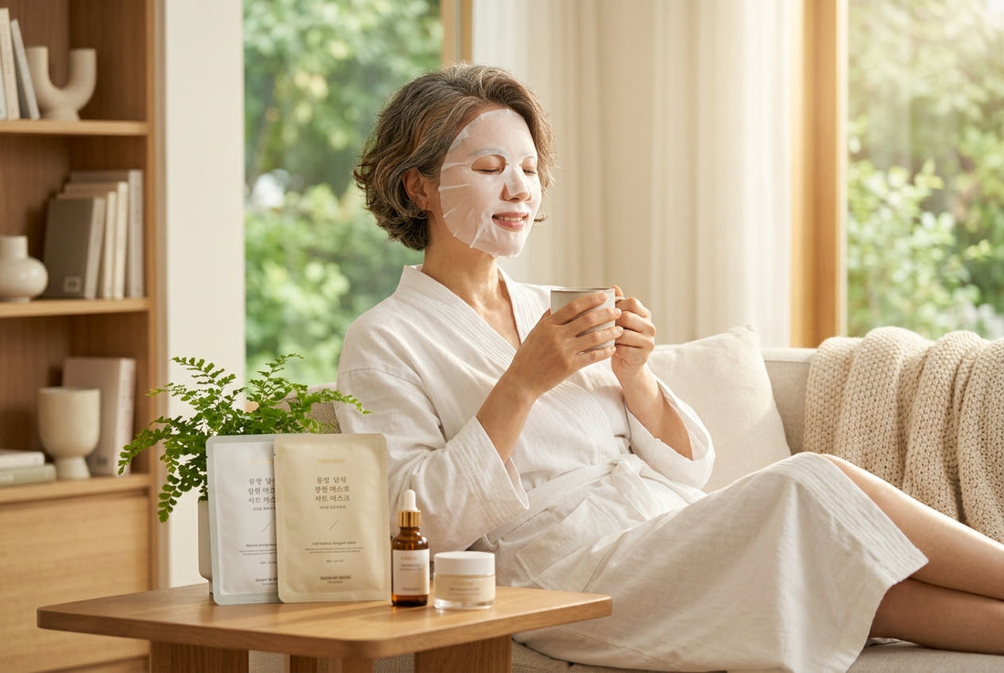 Frau ab 40 mit K-Beauty Sheet Mask auf dem Sofa – entspannte Hautpflegeroutine mit koreanischen Gesichtsmasken