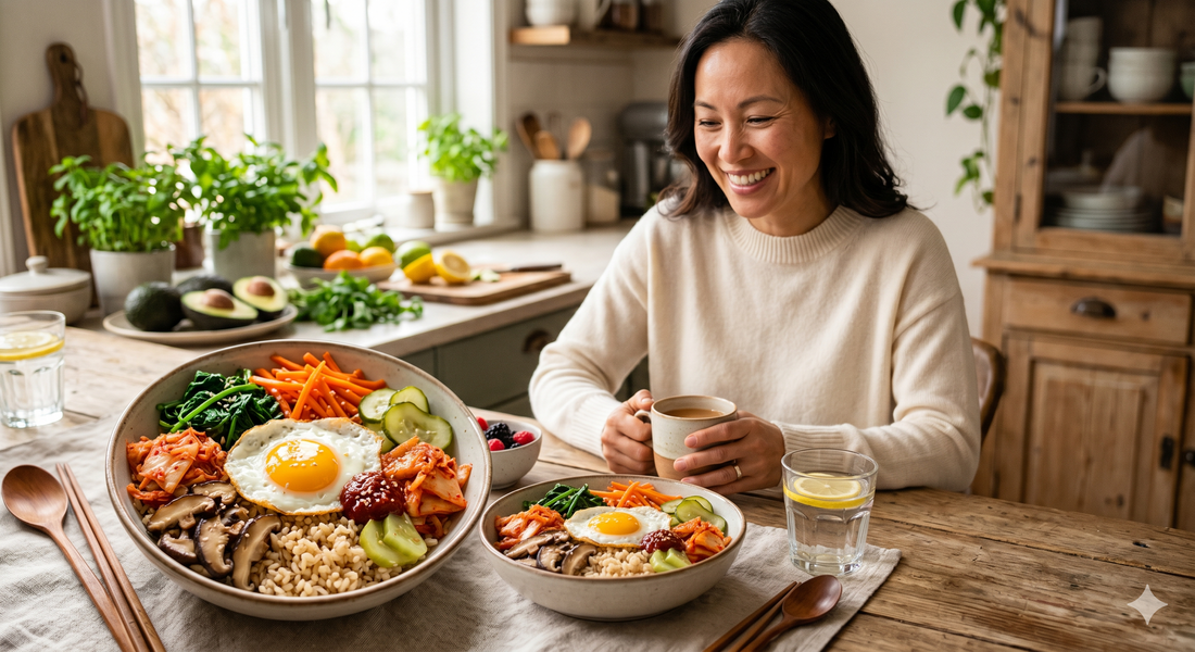 Frau sitzt lächelnd vor zwei Bibimbap-Bowls mit buntem Gemüse, Ei und Kimchi an einem Holztisch